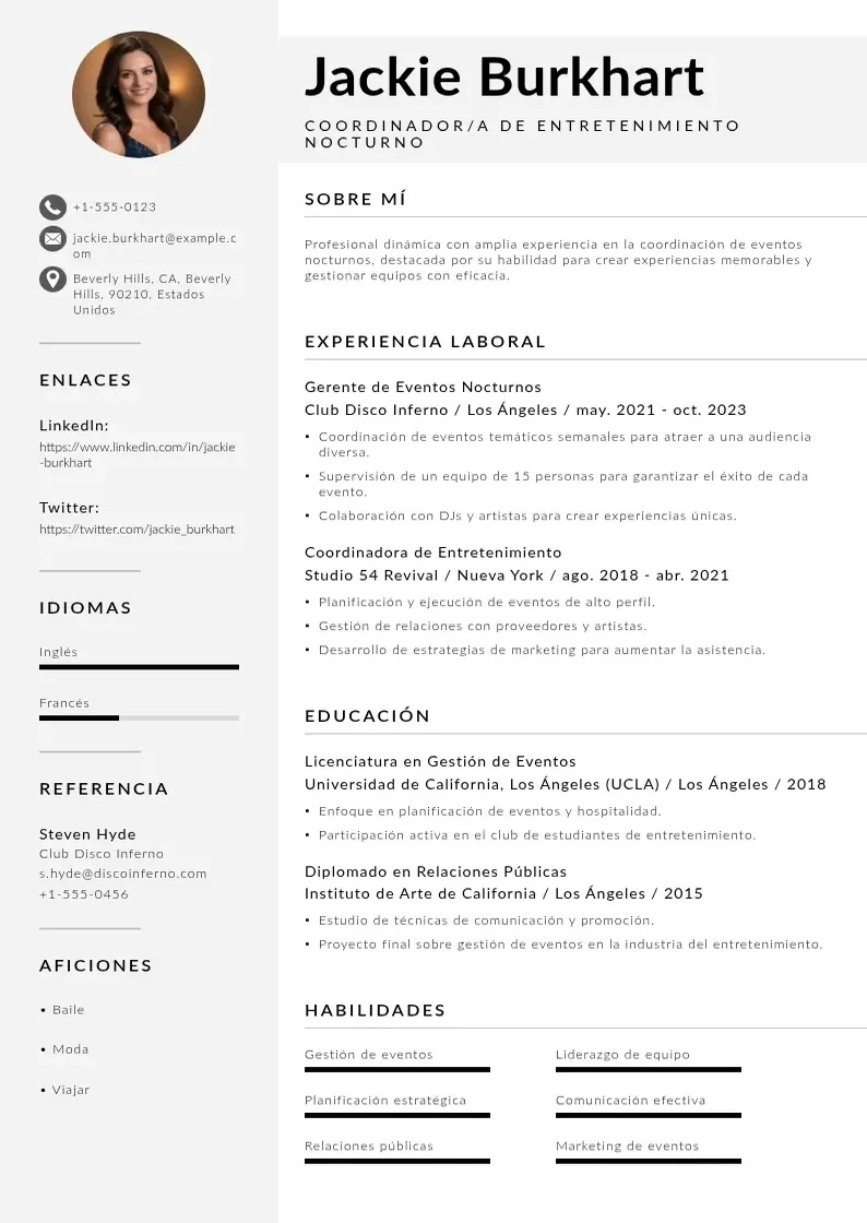 two column coordinadora-de-entretenimiento-nocturno resume example