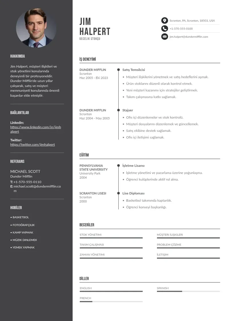 Divu kolonnu Gecelik Stokçu  CV piemērs