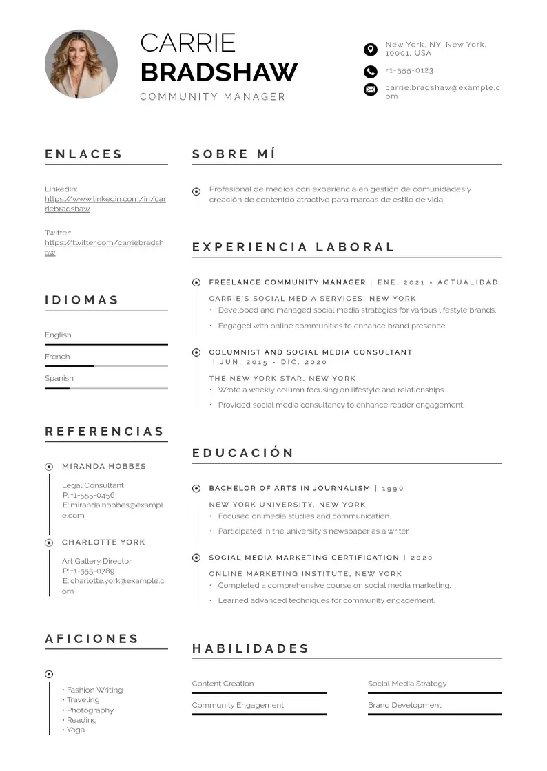 two column community-manager-freelance resume example