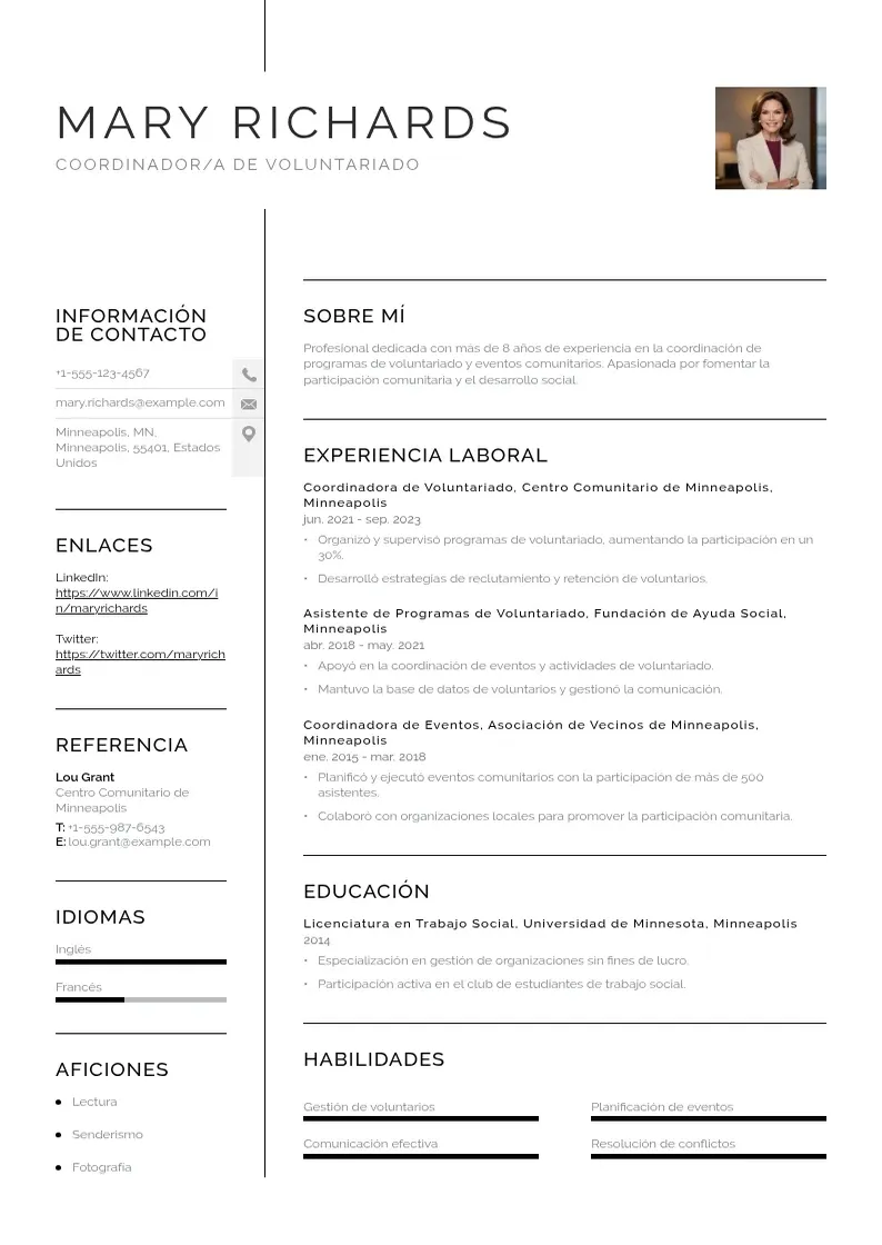 two column coordinadora-de-voluntariado resume example