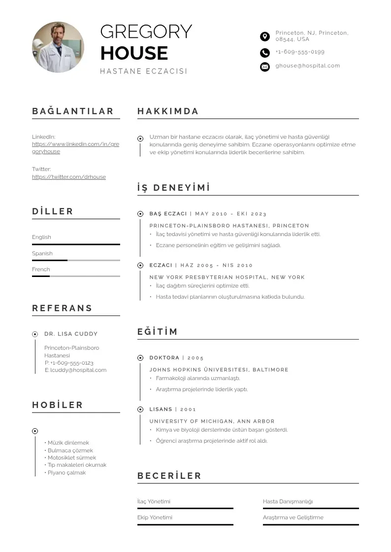 Profesionāla Hastane Eczacısı  CV veidne
