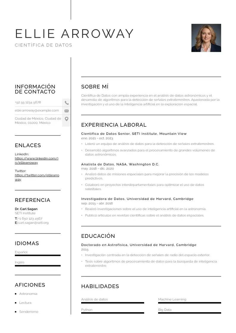 two column curriculum-de-cientifico-de-datos resume example