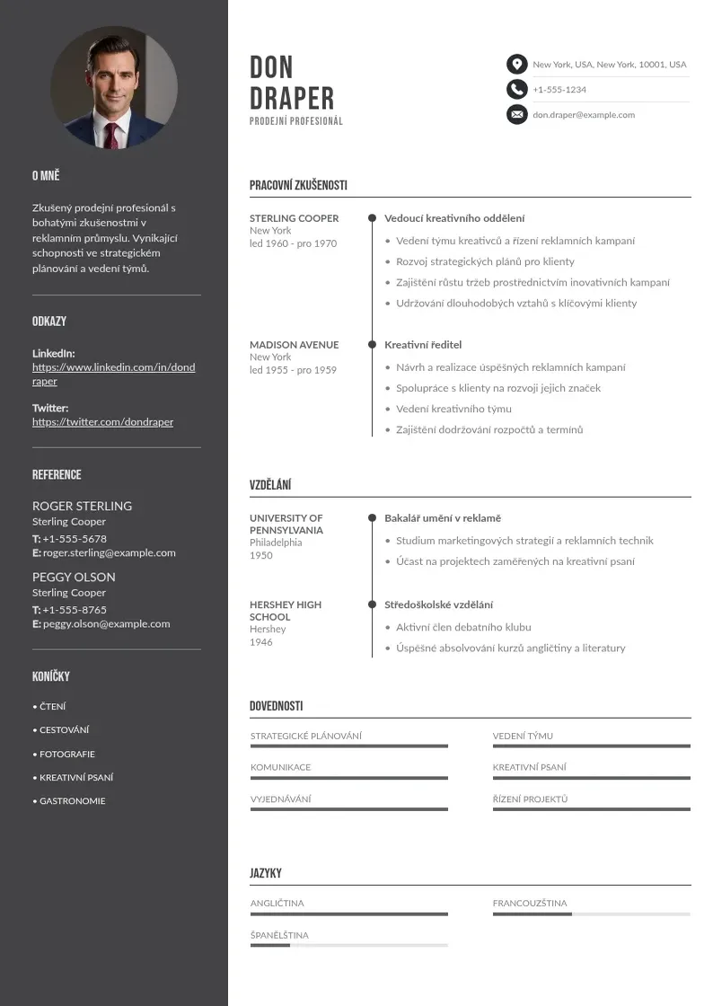 Divu kolonnu Prodejni profesional zivotopis CV piemērs