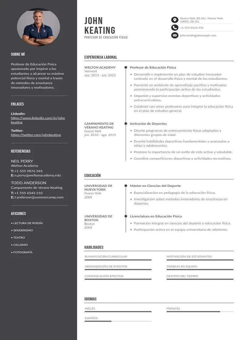 two column cv-de-profesor-de-educacion-fisica resume example