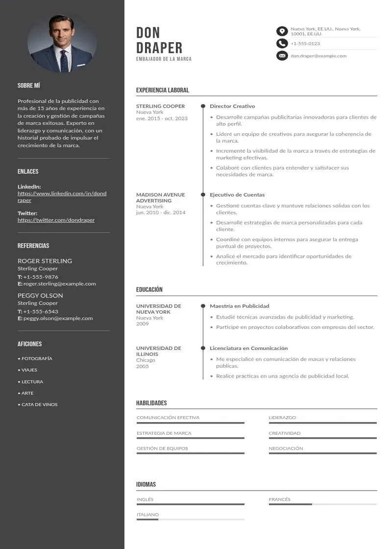 two column cv-embajador-de-la-marca resume example