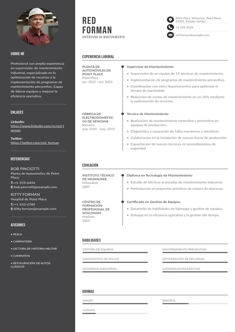 two column cv-supervisor-de-mantenimiento resume example