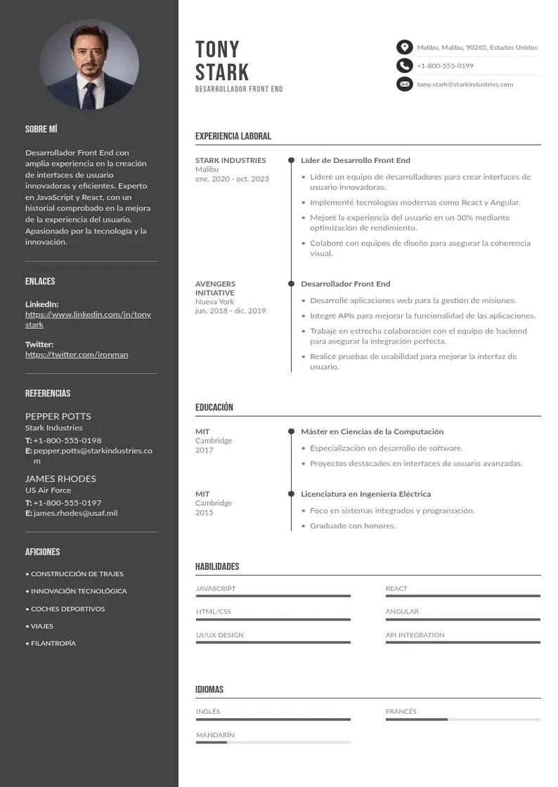 two column cv-desarrollador-front-end resume example