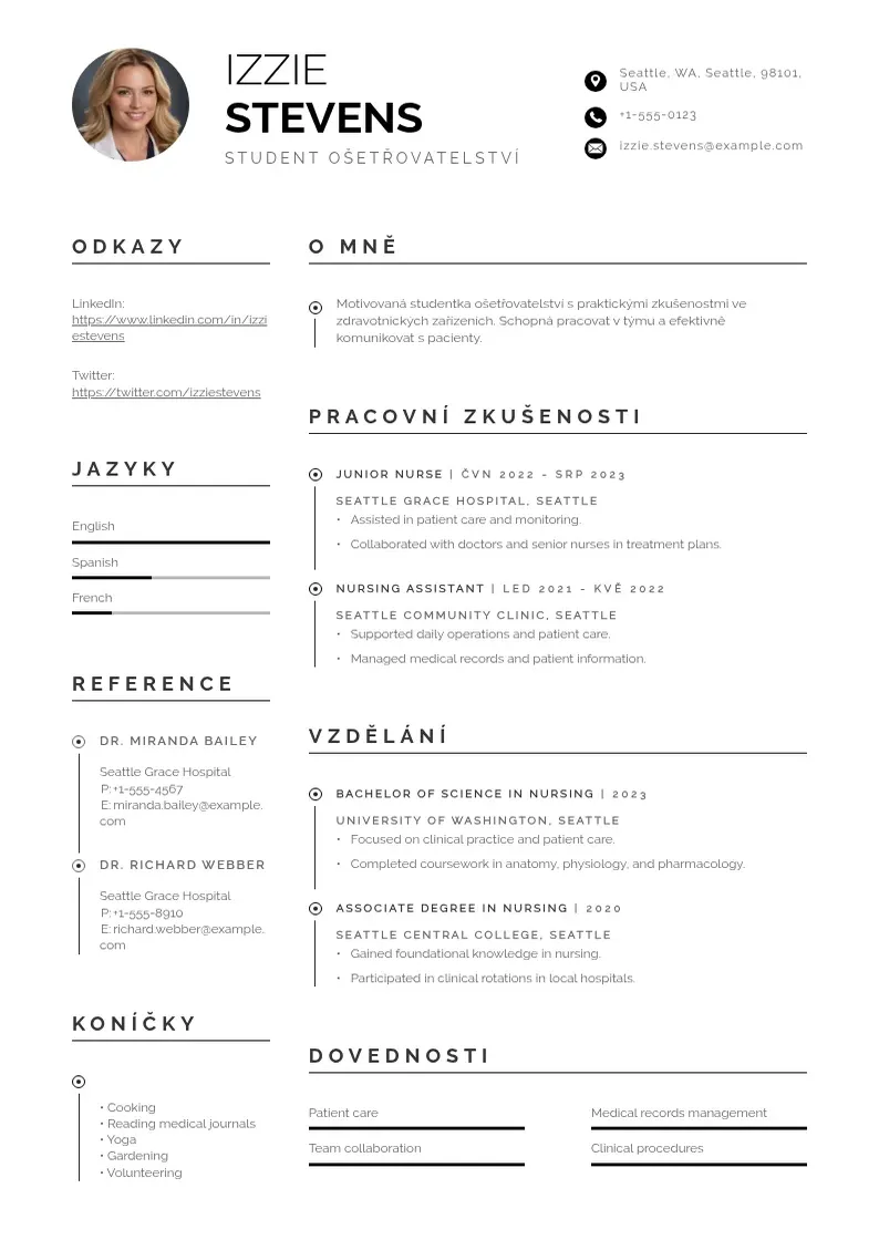 Profesionāla Student osetrovatelstvi zivotopis CV veidne