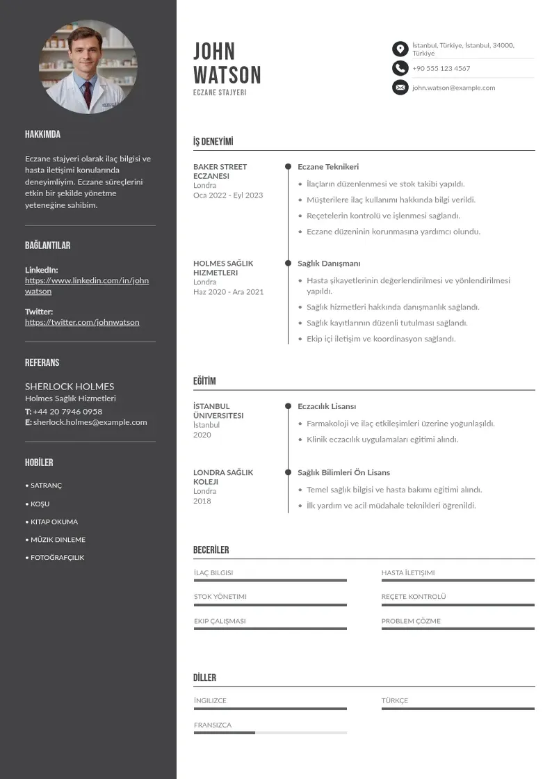 Divu kolonnu Eczane Stajyeri  CV piemērs