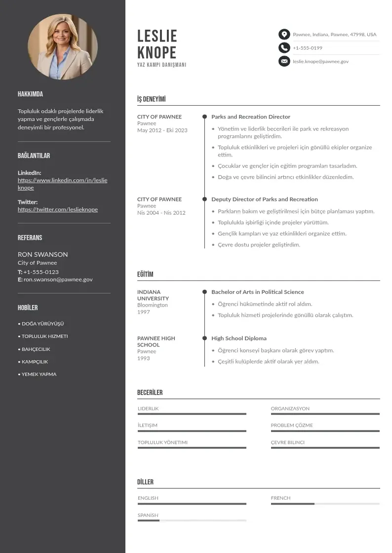 Divu kolonnu Yaz Kampı Danışmanı  CV piemērs