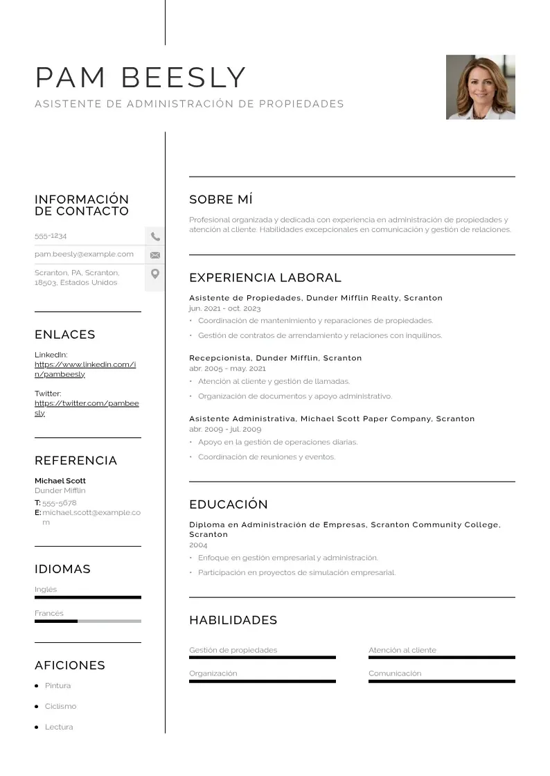 two column cv-asistente-de-administracion-de-propiedades resume example