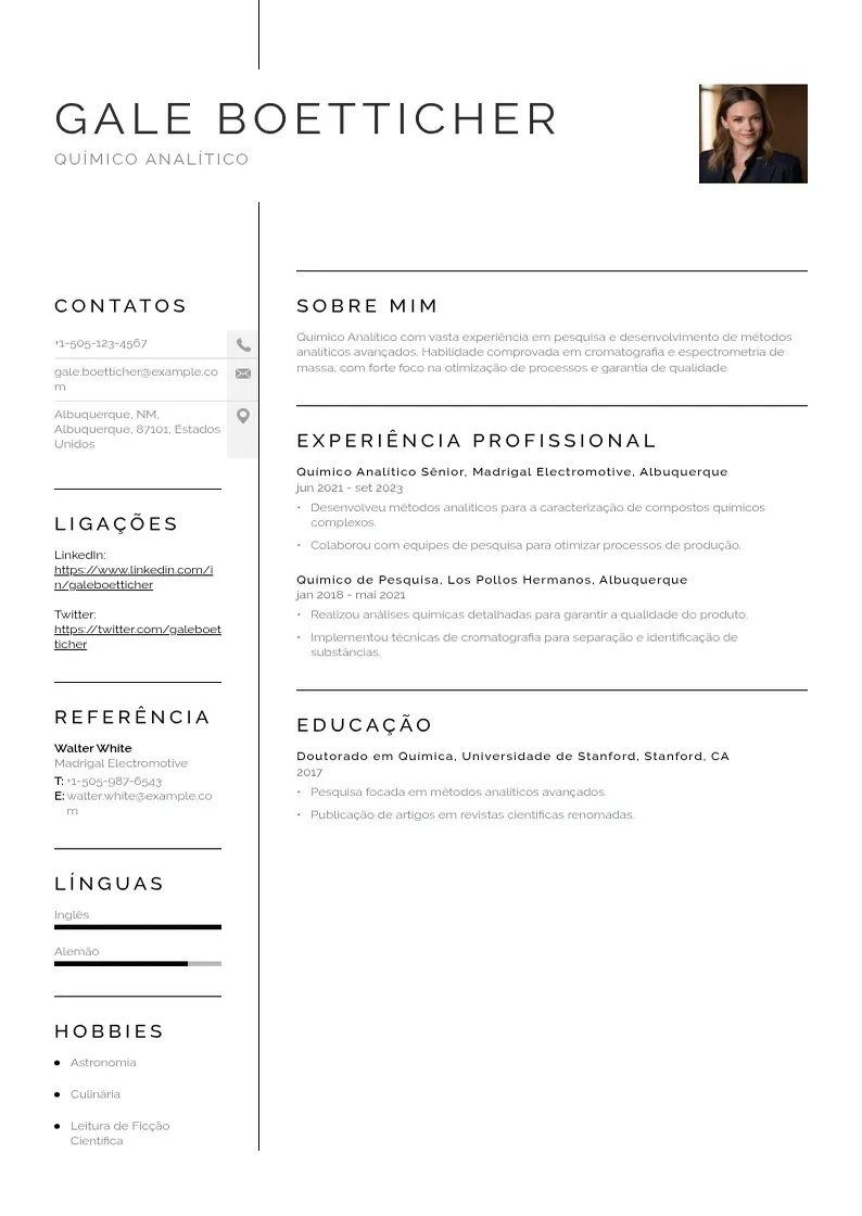 Exemplo de currículo simples de De quimico analitico
