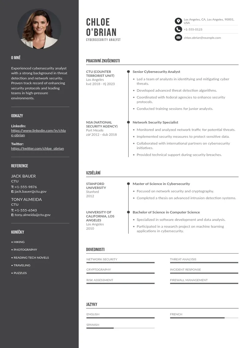 Divu kolonnu Analytik kyberneticke bezpecnosti zivotopis CV piemērs