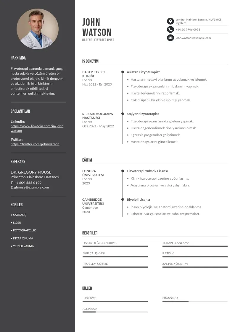 Divu kolonnu Öğrenci Fizyoterapist  CV piemērs