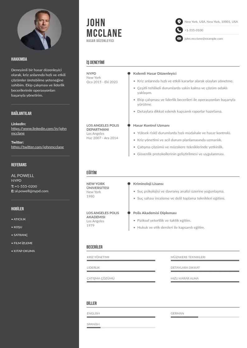 Divu kolonnu Hasar Düzenleyici  CV piemērs