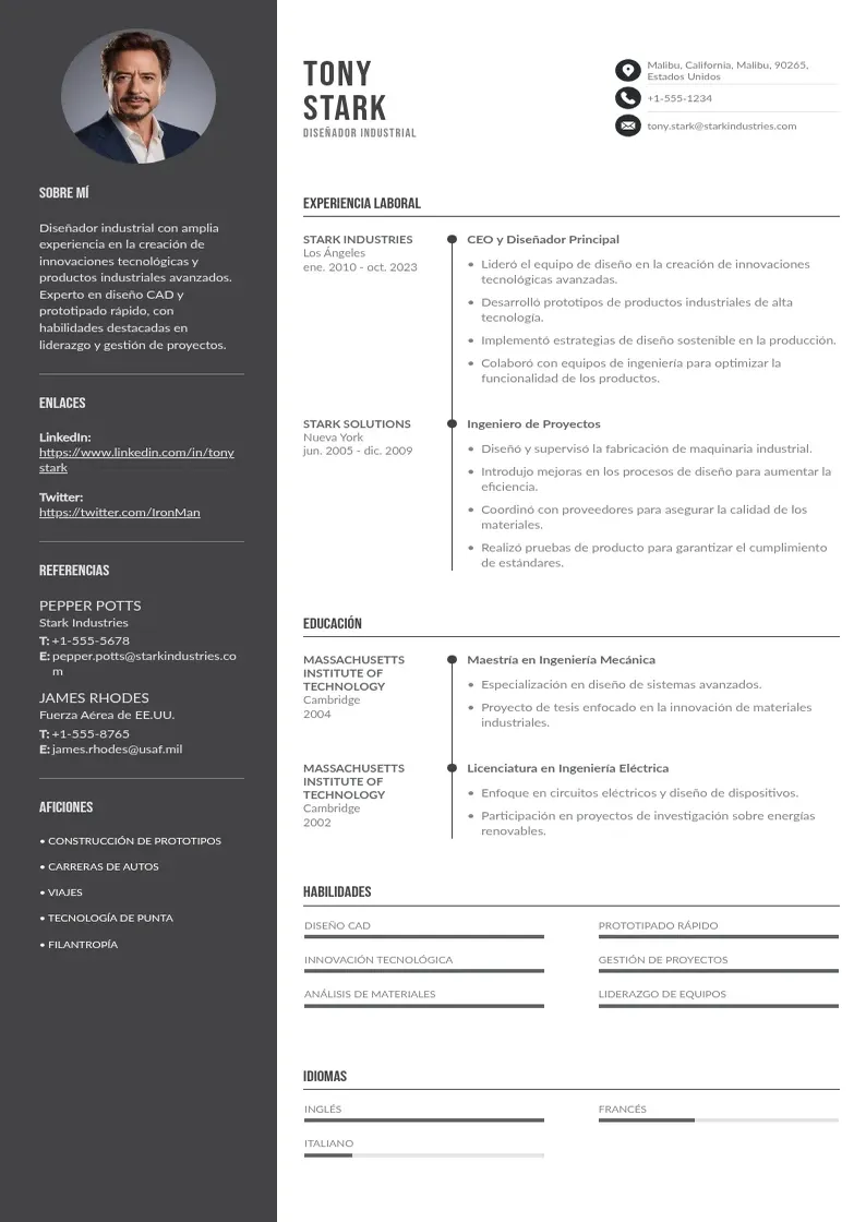 two column disenador-industrial resume example