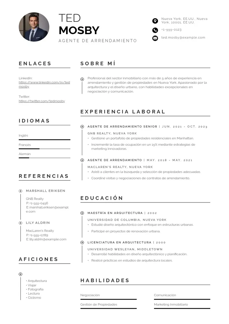 two column cv-agente-de-arrendamiento resume example
