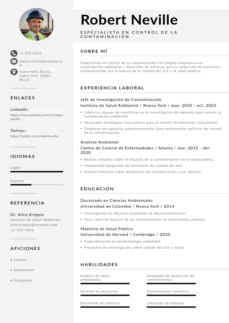 two column especialista-en-control-de-la-contaminacion resume example