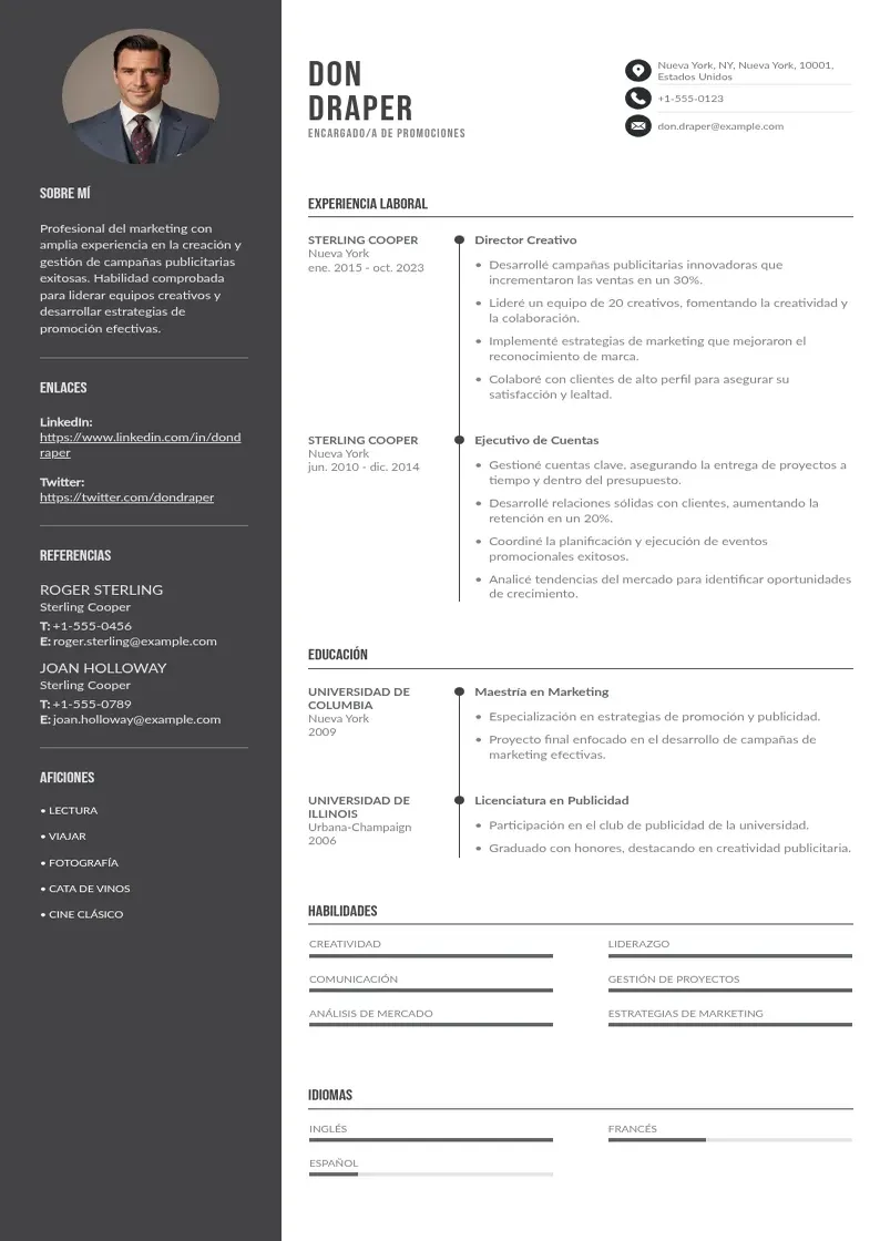 two column encargadoa-de-promociones resume example