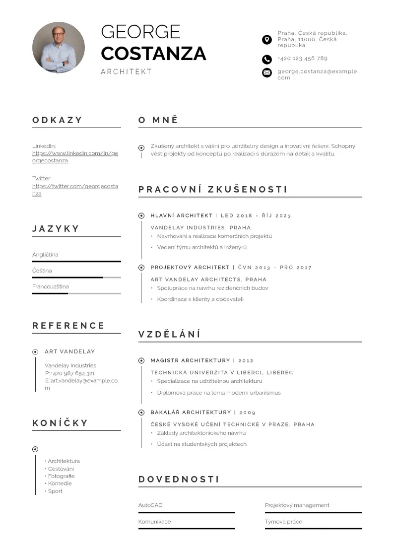 Profesionāla Zivotopisu architekta CV veidne