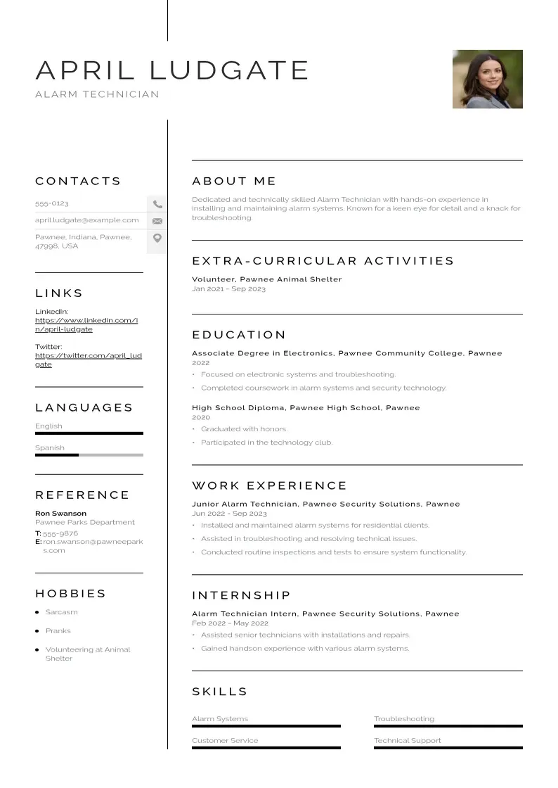 simple Alarm Technician  resume example