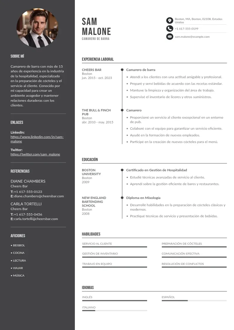 two column camarero-de-barra resume example