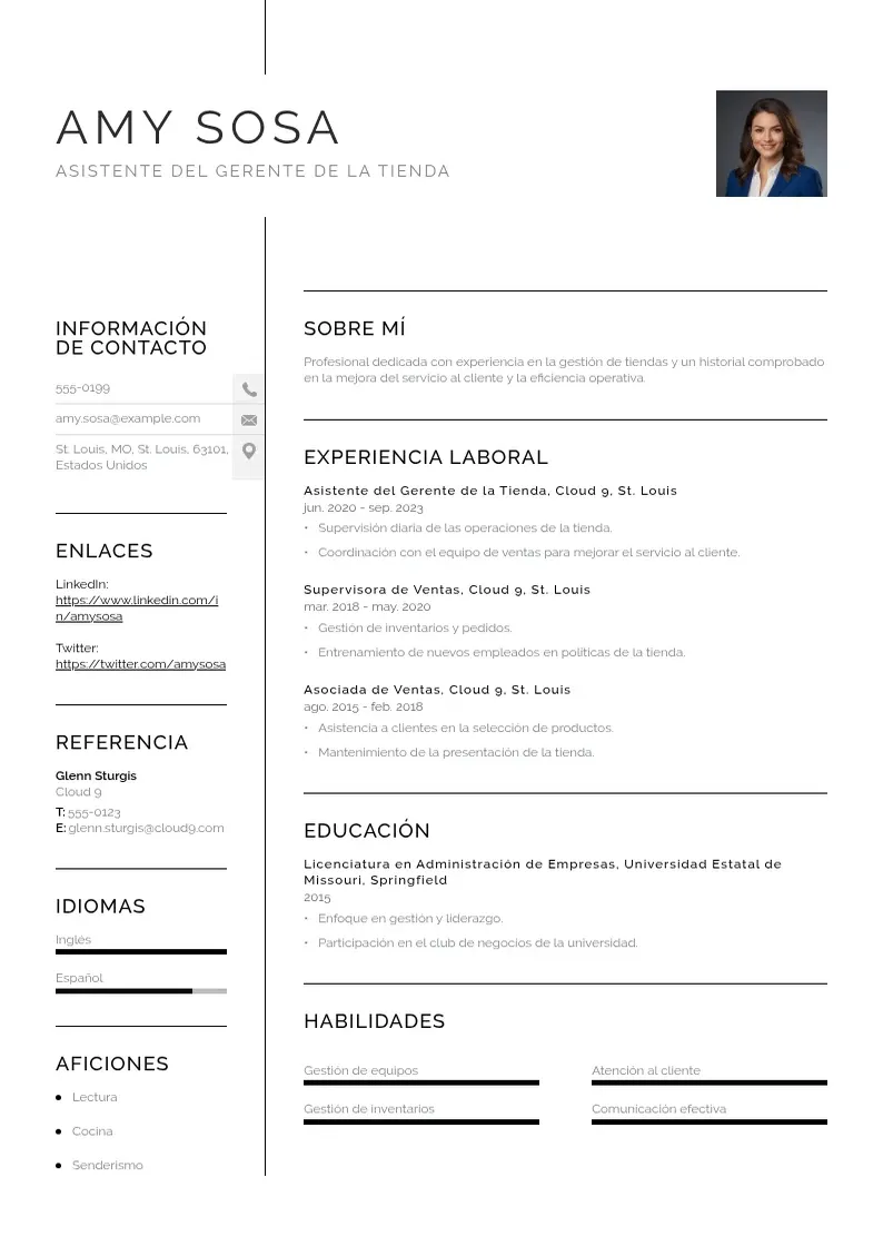 two column asistente-del-gerente-de-la-tienda resume example