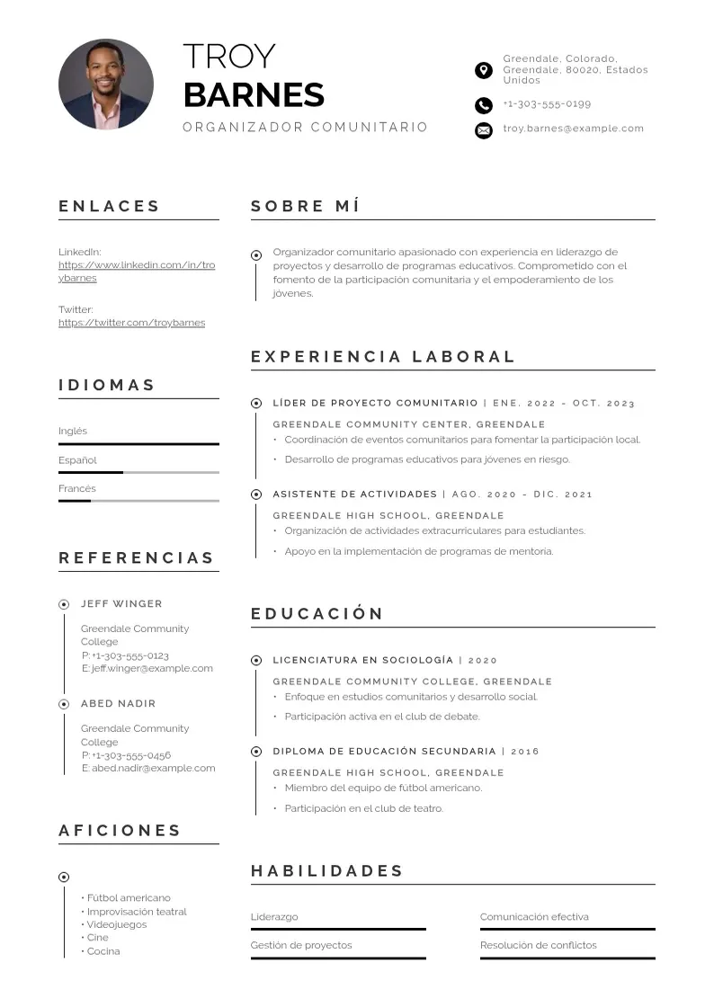 two column cv-organizador-comunitario resume example