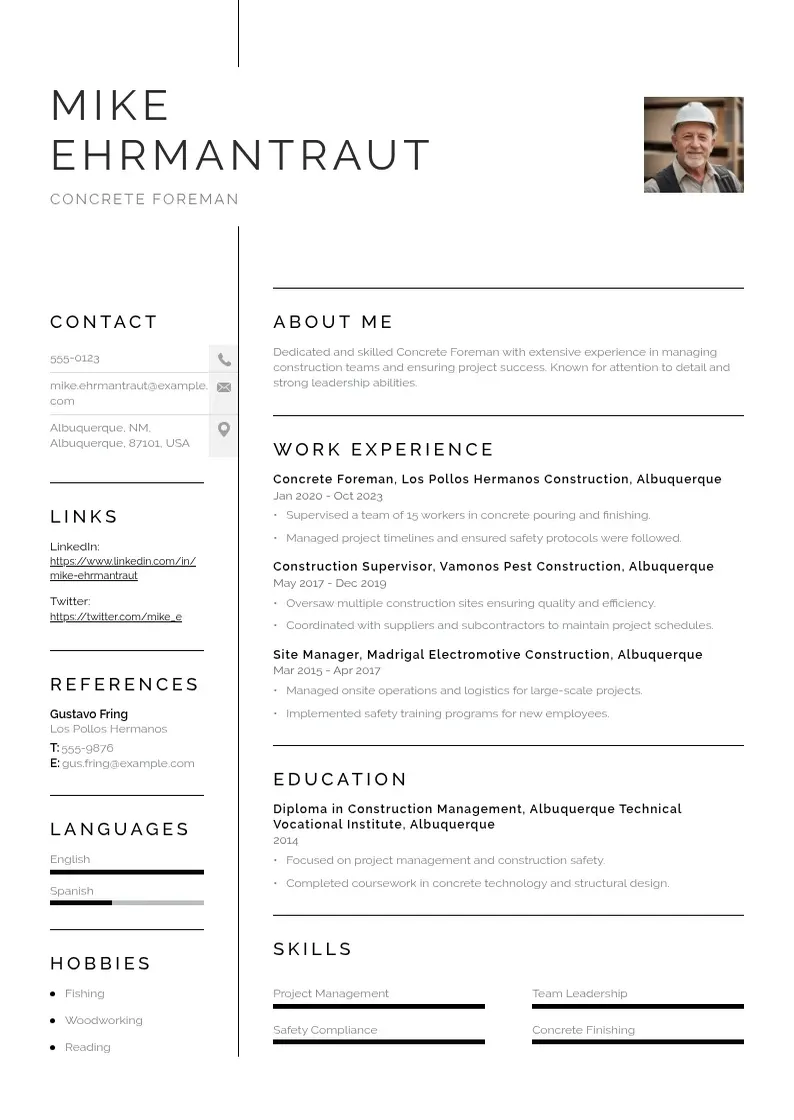 simple Concrete foreman resume resume example