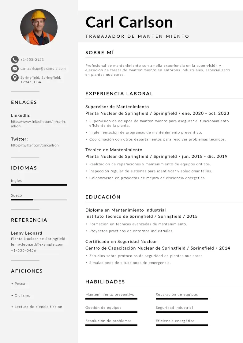 two column cv-trabajador-de-mantenimiento resume example