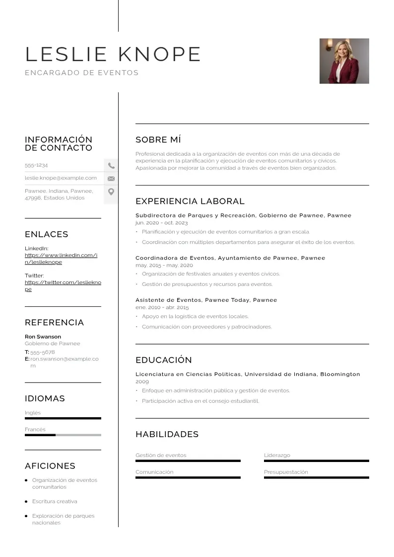 two column cv-encargado-de-eventos resume example