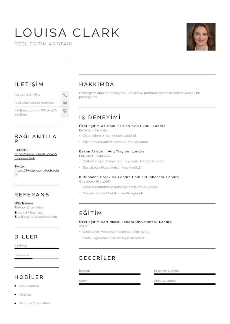 Vienkārša Özel Eğitim Asistanı  CV piemērs