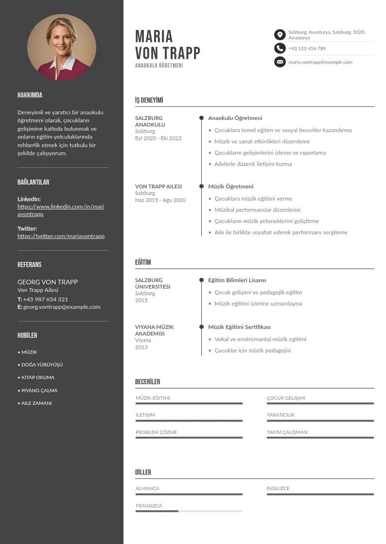 Divu kolonnu Anaokulu ogretmeni CV piemērs