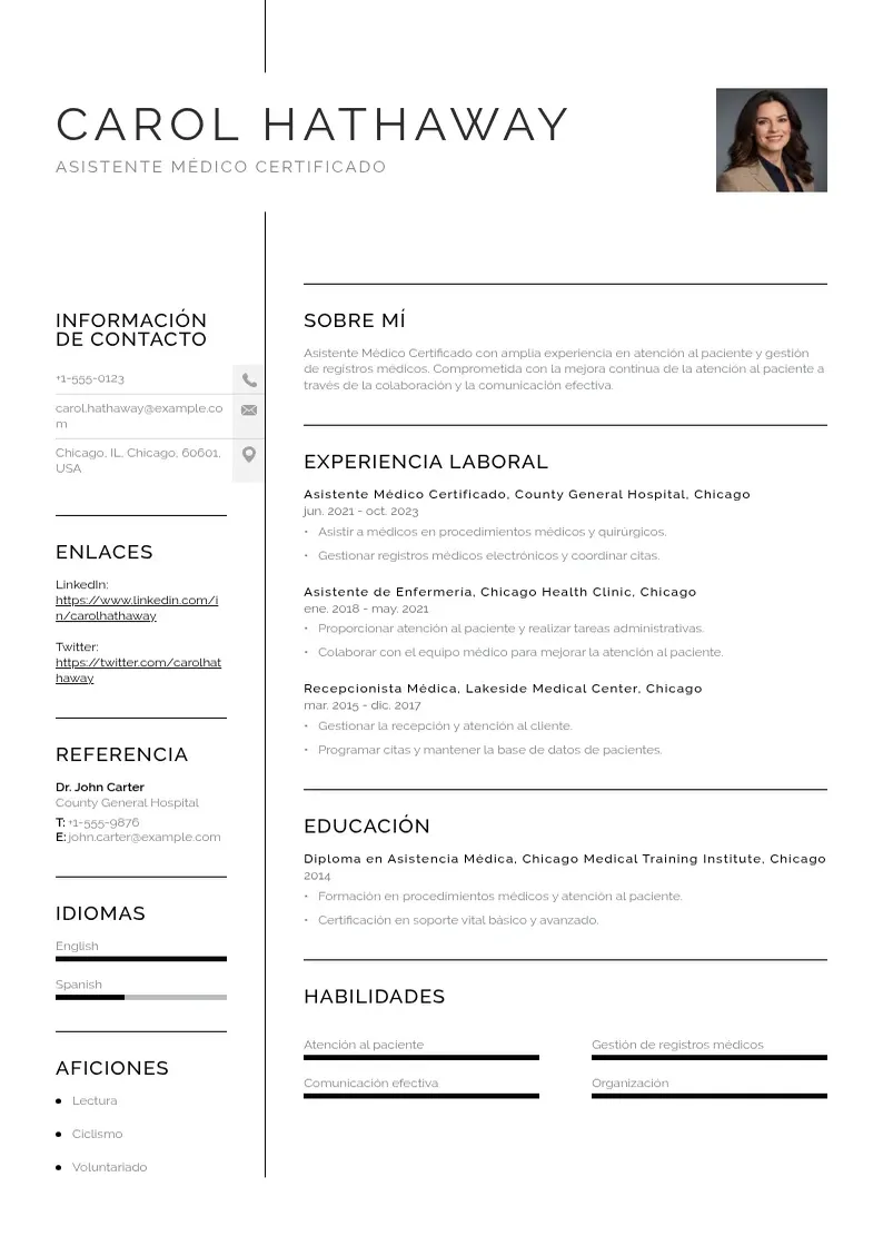 two column asistente-medico-certificado resume example