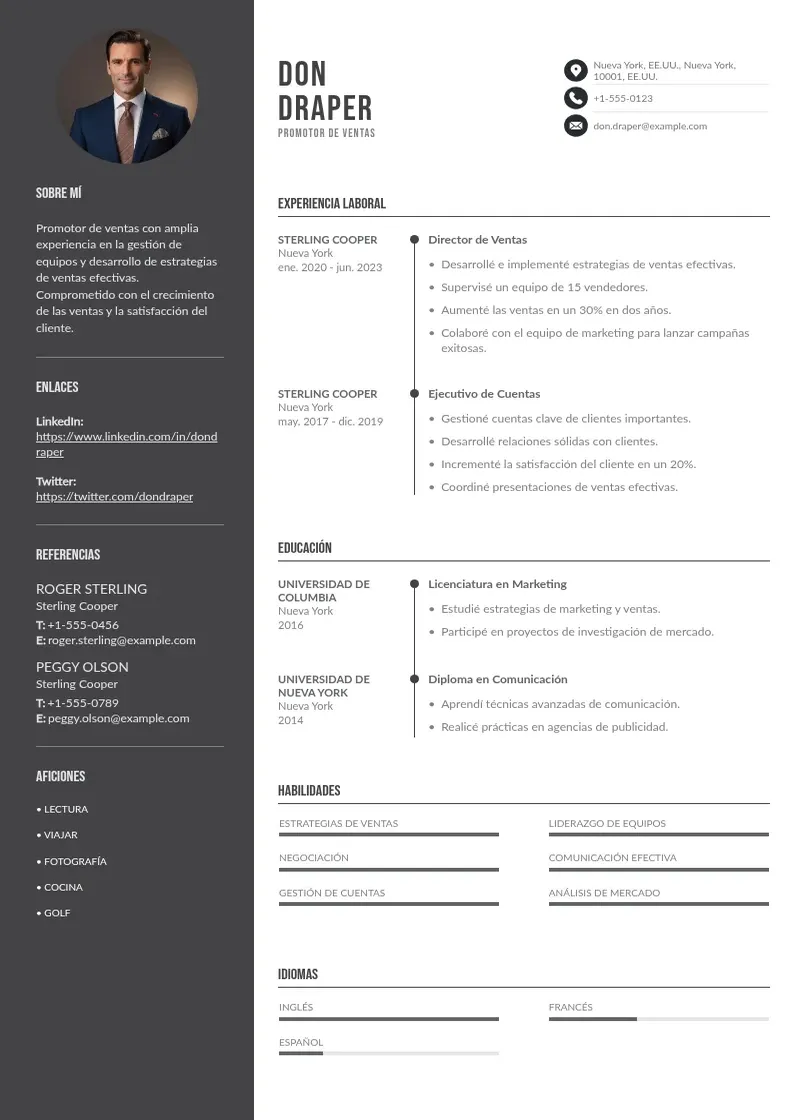 two column cv-promotor-de-ventas resume example