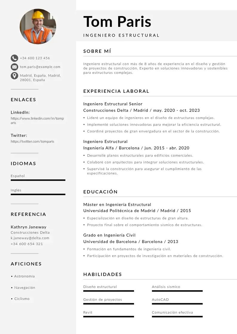 two column cv-ingeniero-estructural resume example