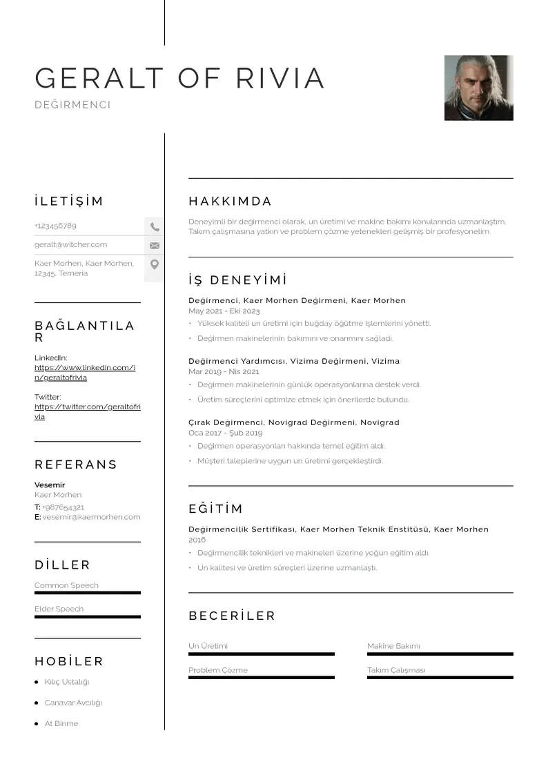 Vienkārša Değirmenci  CV piemērs