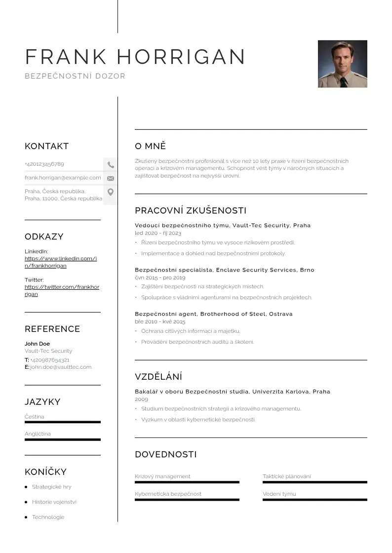 Vienkārša Bezpečnostní dozor CV piemērs