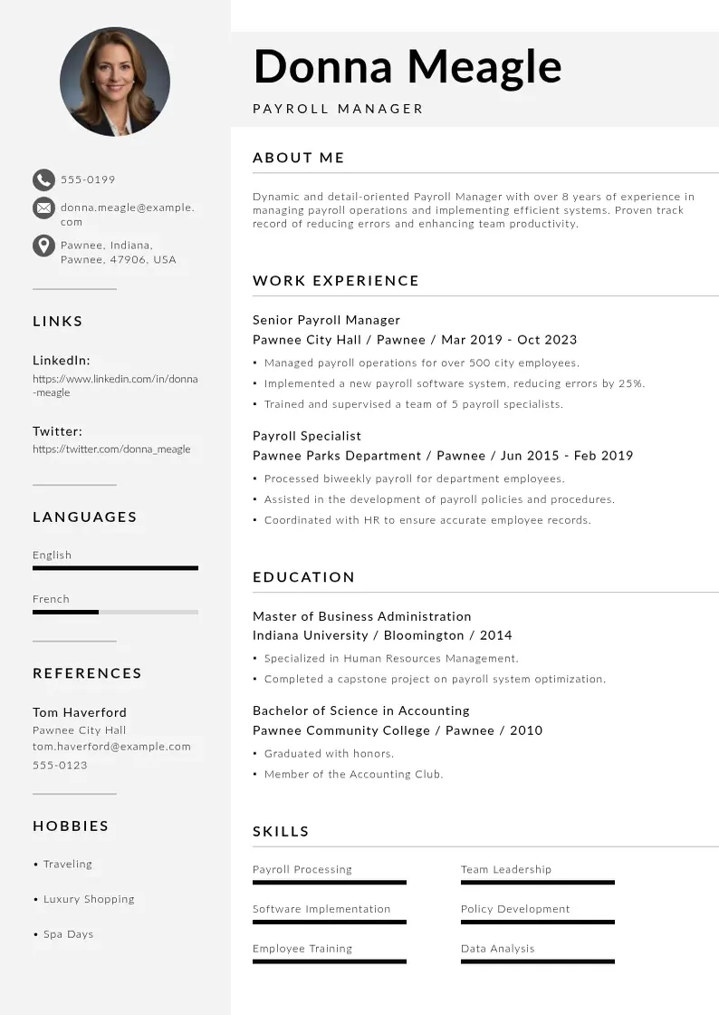 modern Payroll manager resume resume template
