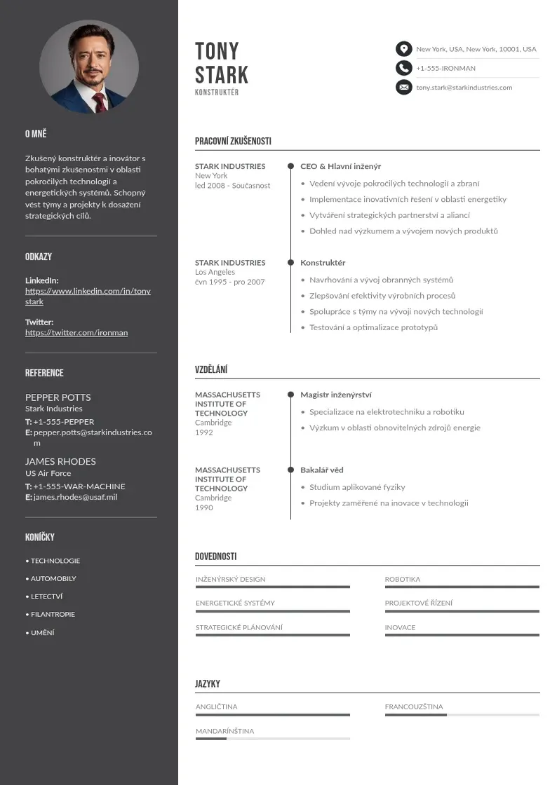 Divu kolonnu Konstruktér CV piemērs
