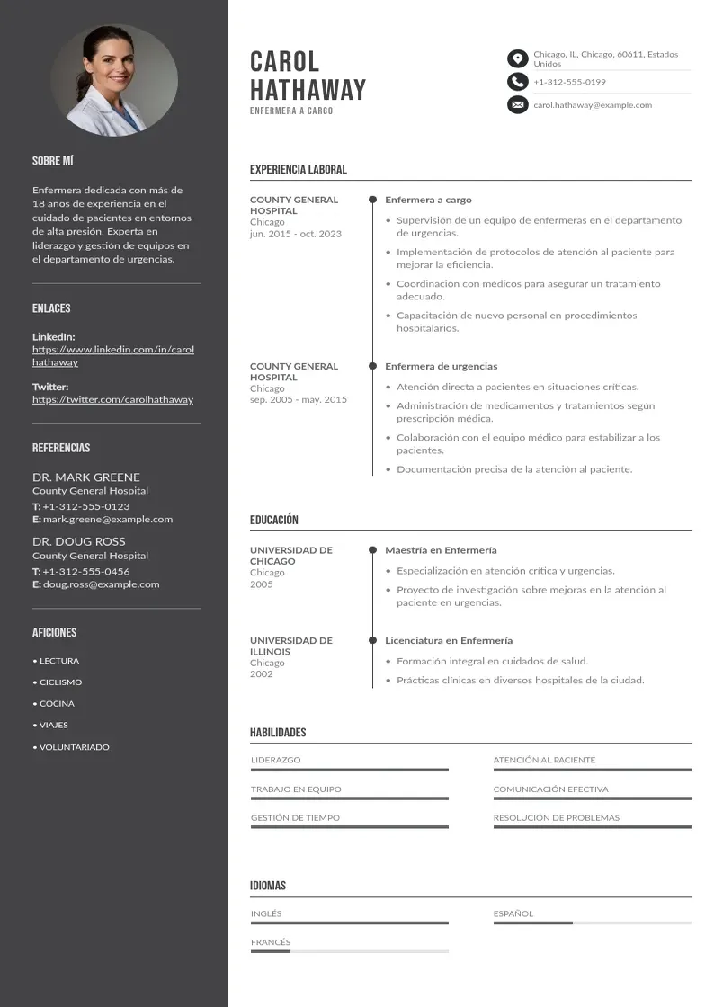 two column cv-enfermera-a-cargo resume example