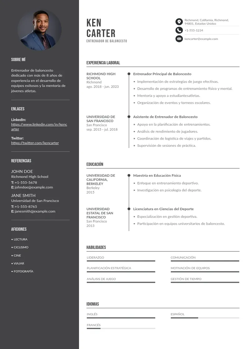 two column entrenador-de-baloncesto resume example
