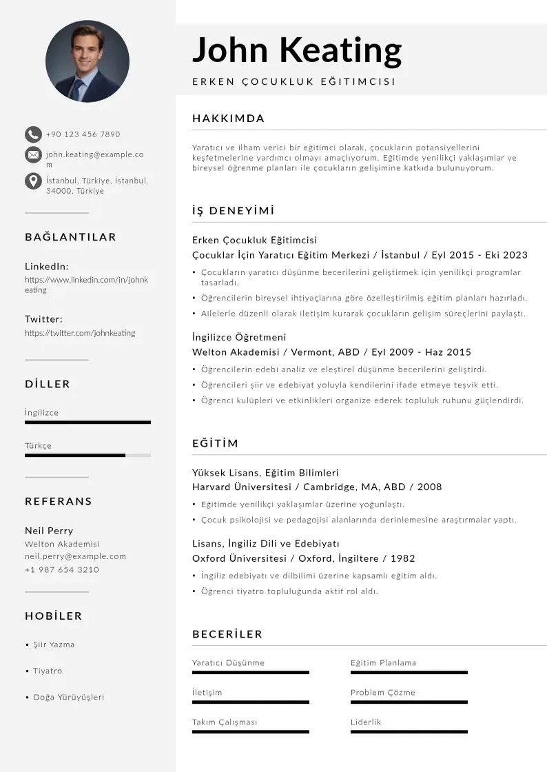 Mūsdienīga Erken Çocukluk Eğitimcisi  CV veidne