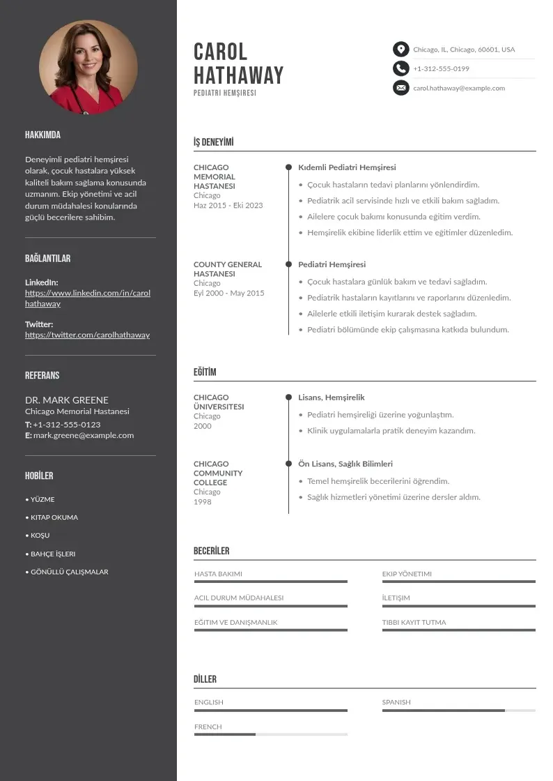 Divu kolonnu Pediatri hemşiresi  CV piemērs