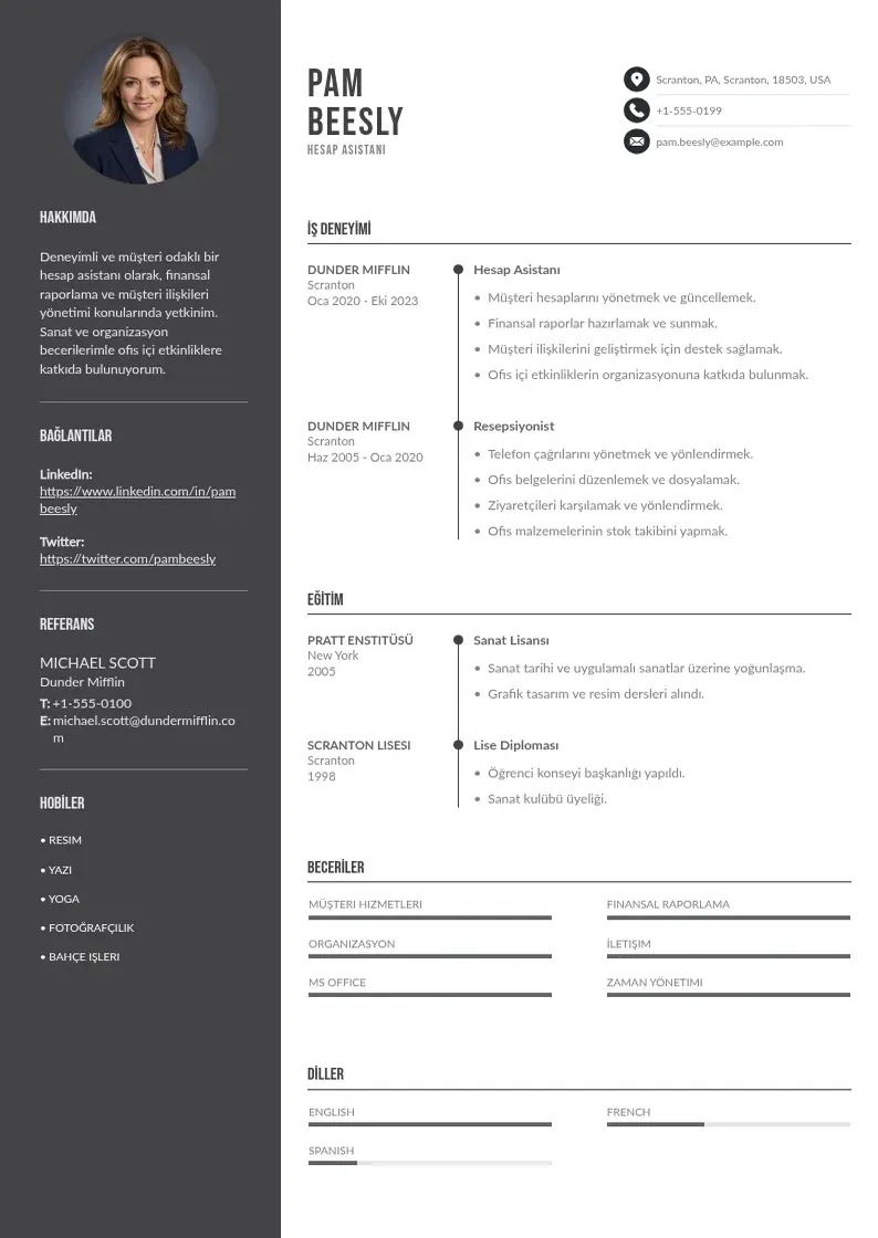 Divu kolonnu Hesap Asistanı  CV piemērs