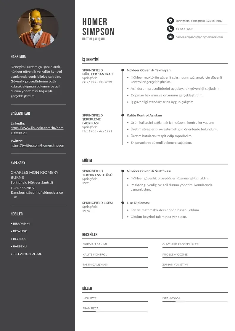 Divu kolonnu Üretim çalışanı  CV piemērs