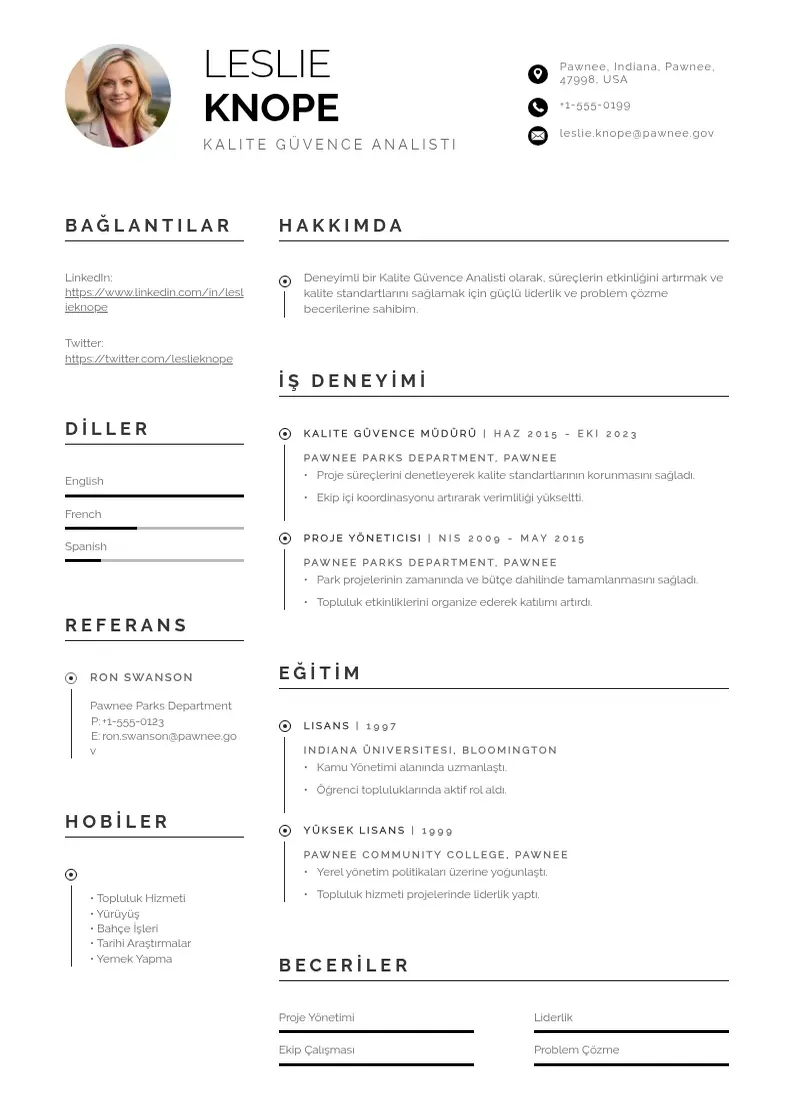 Profesionāla Kalite Güvence Analisti  CV veidne