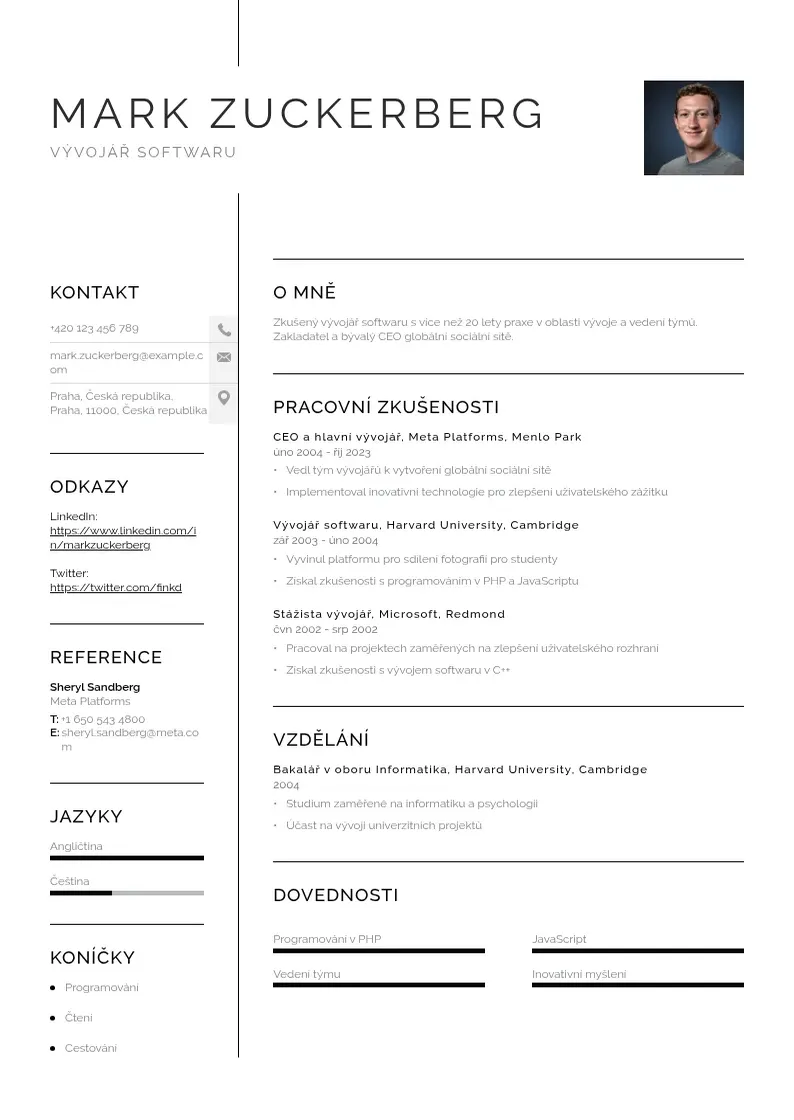 Vienkārša Vyvojar softwaru zivotopis CV piemērs