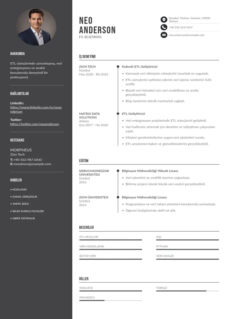 Divu kolonnu ETL Geliştiricisi  CV piemērs