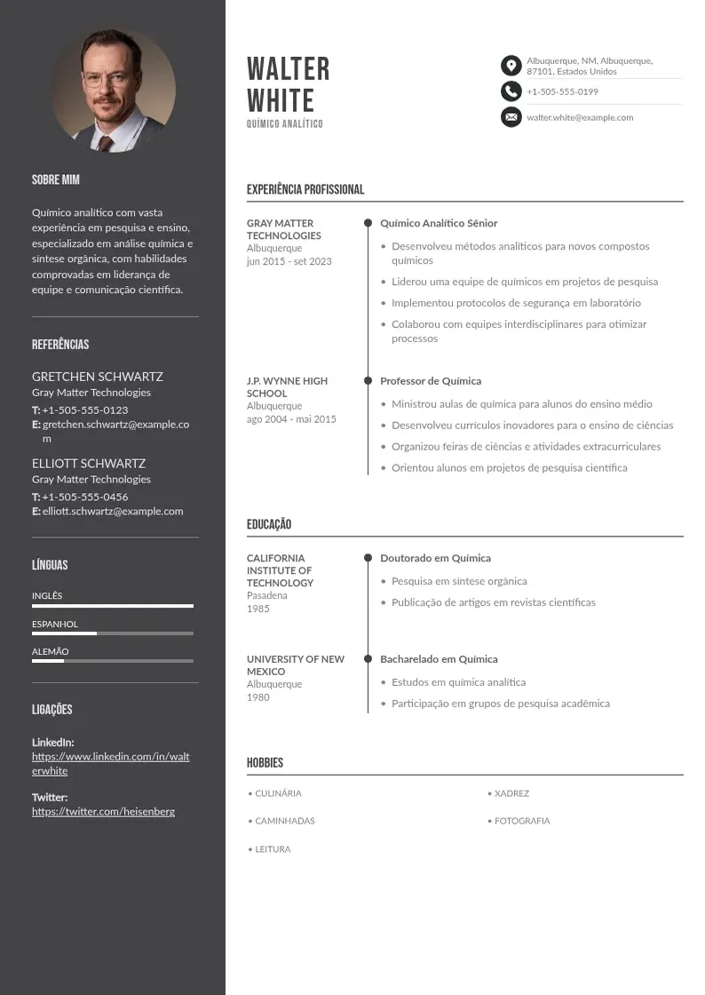 Exemplo de currículo de De quimico analitico em duas colunas